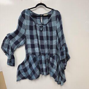 One World Shirt Womens 3X Blue Check Cold Shoulder Ruffle 3/4 Sleeve Tunic Top